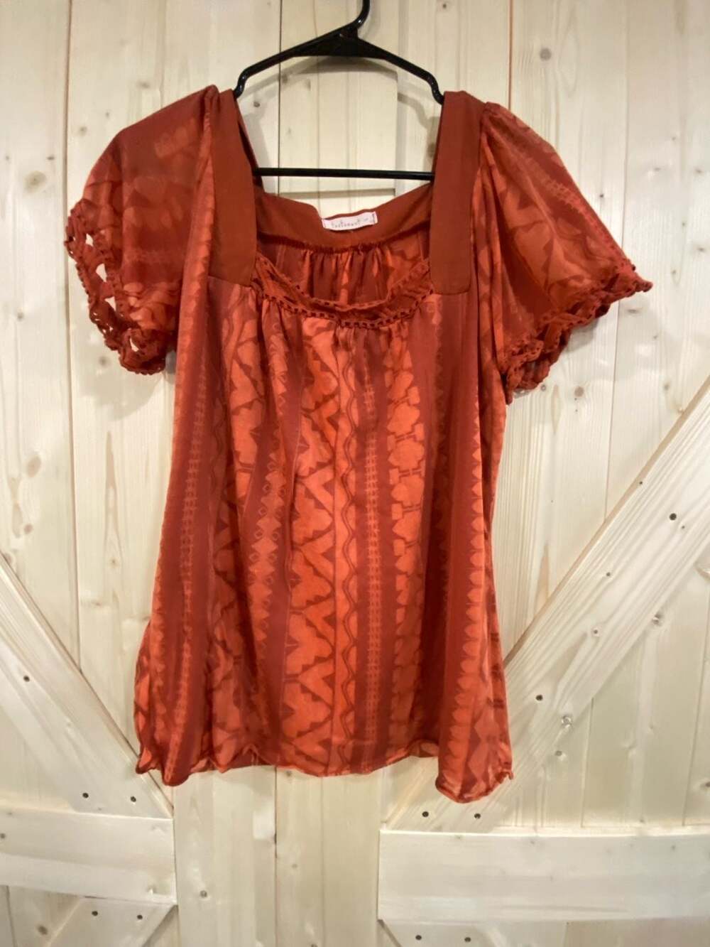 Testament Orange Sheer Geometric Short Sleeve Square Neck Blouse with Crochet De